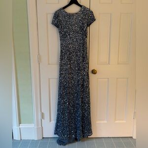 Adrianna Papell Blue Sequin Gown with Short Sleeves